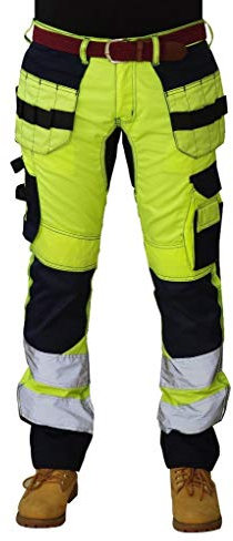HASHOOB Men's Hi Viz Work Trousers Cargo Combat Army Trousers, Light Green and Black, 32W / 32L