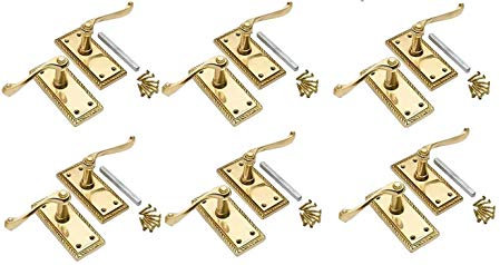 Jiyo.Outdoor 6 x Sets Pairs of Georgian Roped Edge Lever Latch Door Handle Polished Brass 107mm x 48mm
