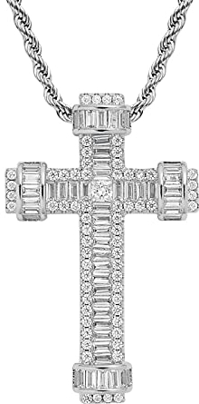 Fantex 14 Iced Out Zepter Kreuz Halskette, Full Bling Baguette CZ Diamant Anhänger mit Seilkette, Vergoldeter Hip Hop Schmuck für Männer Frauen (White)
