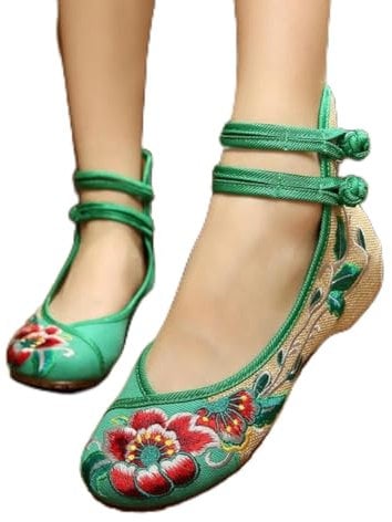 ZXCN Women's Vintage Embroidered Canvas Ballets Flats Ladies Fabric Plus size Comfortable Chinese Ballerinas Embroidery Women Shoes, Green, 6 UK