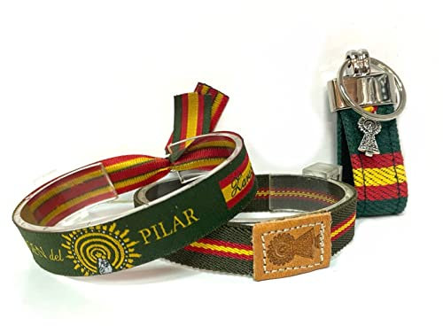 Conjunto de llavero y pulseras Virgen del Pilar con la bandera de España y fondo verde (Grande)