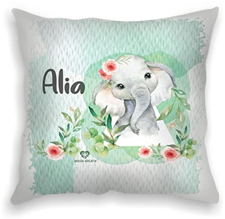 wolga-kreativ personalisiertes Kissen Elefant 40x40 cm – Kuschelkissen mit Namen & süßen Kindermotiven – Geschenk zur Geburt, Taufe & Geburtstag –Flauschiges Namenskissen – Bedruckt in Deutschland
