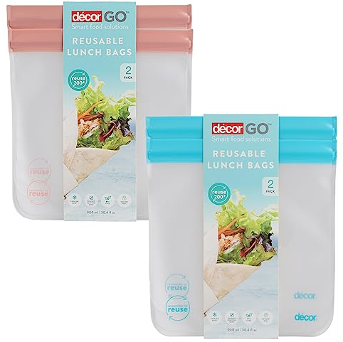 Décor Reusable Food Storage Bags - Pack of 2 | Freezer Sandwich Bags | Airtight, Leakproof Seal | Blue/Pink