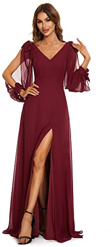 Ever-Pretty Women's Long Sleeves V-Neck Off Shoulder A Line Thigh High Slit Chiffon Floor Length Bridesmaid Dresses Burgundy 10UK