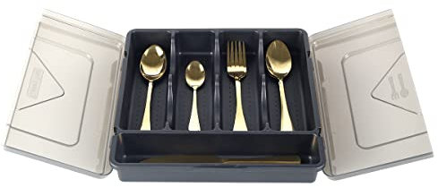 Muross Plastic Cutlery Tray for Kitchen Drawers Portable Cutlery Holder with Transparent Lid Sealed Dustproof Cutlery Organiser Trays Flatware Storage Box for Campervan Picnic Caravan