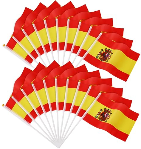 JUNEBRUSHS Spanien Flagge, 20 Stück Spanisch Flagge 14 x 21 cm Spanische Deko Kleine Handflaggen 2024 Tischflaggen Dekorationen