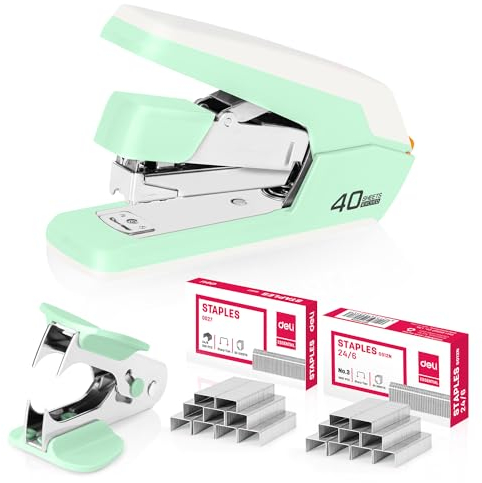 deli Heftgerät Schreibtisch Tacker Bürobedarf, kompatibel mit 24/6, 26/6, 24/8 Heftklammern, bis zu 40 Blatt, bis zu 80% kraftsparend, 65mm Hefttiefe, mit Entklammerer & 1500 Tackernadeln (Grün)