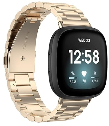 KAREN66 Armband Kompatibel mit Fitbit Versa 3/Sense Armband Versa 4/Sense 2 Armband Metall Ersatzarmband Wasserdicht Edelstahl Replacement Wrist Strap Zubehör Uhrenarmband (Vantage Gold)