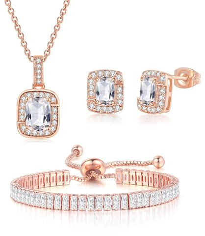 JewelryWe Schmuckset Damen Rechteck Zirkonia: Rosegold Glitzer Kubischer Zirkonia Quadrat Halskette Ohrringe Armband Set Tennisarmband Anhänger mit Kette Ohrstecker Schmuck Set für Frauen Mädchen