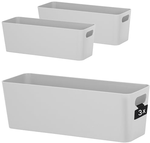 Hummelladen 3x Ordnungsbox 10 cm hoch - GRAU - 30x10x10cm 2 Liter - mit Beschriftungsclip Ordnungskorb Schublade Organizerbox Ordnungssystem Kunststoff Aufbewahrung Korb Schrank Schreibtisch Kiste