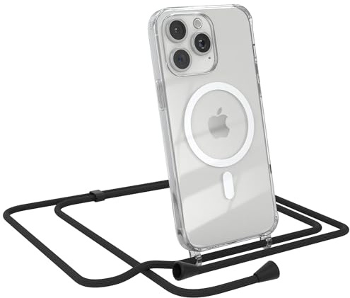 EAZY CASE - Handykette kompatibel mit iPhone 15 Pro Max Kette zum Umhängen Stoßfest Handyhülle für iPhone 15 Pro Max Silikon Hülle mit Band Transparent als Fallschutz in Schwarz - Clips Schwarz