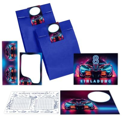 12 Einladungskarten zum 8. Kindergeburtstag Junge Rennauto Einladungen achte Jungsgeburtstag incl. 12 Umschläge, 12 Tüten/blau, 12 Aufkleber, 12 Lesezeichen, 12 Blöcke, 12 Schiffe versenken