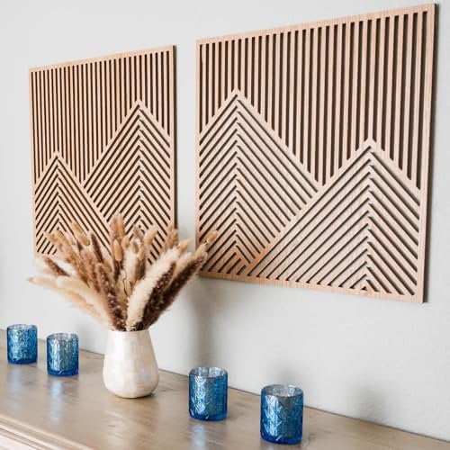 SnugLife Wandschmuck aus Holz, moderne Holzplatte, Bergwanddekoration, dekorativ, Wald, Natur, abstrakte Linie, minimalistische Wandkunst für Wohnzimmer, Schlafzimmer, Bauernhaus, groß, 59,7 x 59,7