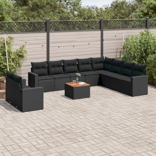 ULUYYUC 11-TLG. Garten-Sofagarnitur, Polsterbank Fußhocker Balkonmöbel Gartenbank Geeignet für Außenbereich Balkon Garten Hinterhof mit Kissen Schwarz Poly Rattan