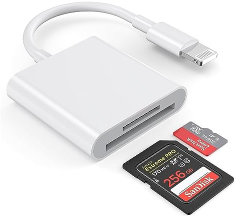 [Apple MFi Certified] Lightning to SD Card Reader for iPhone, Dual Card Slot Memory Card Readers Supports SD and TF Card, iPhone SD Card Reader Adapter for iPhone 14 13 12 11 XS XR X 8, Plug and Play