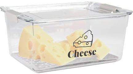 Yomjarl Cheese Container Airtight with Draining Basket Cream Cheese Sliced Cheese Box with Lid Cheese Saver for Fridge Cheese Keeper Cream Block Shredded Cheese Storage Box Saver Clear, B22111