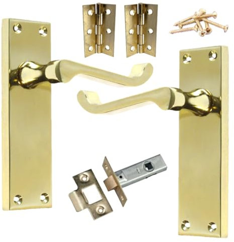 Betley Butterfly Victorian Door Handles Brass Scroll Lever Internal 150mm x 40mm Door Handle Latch Pack 75mm Hinges and 65mm Tubular Latch for Wooden Doors