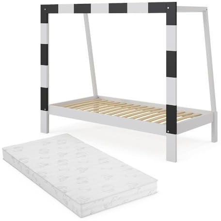VitaliSpa Kinderbett 80x160 cm Fußballtor mit Matratze - Weiß/Schwarz 178x143x88 cm hergestellt aus Holz - Jugendbett ideal für kleine Fussballfans, mit origineller Formgebung