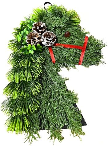 JYCRA Pferdekopf-Weihnachtskranz, Pferdekopf-Weihnachtskranz für die Haustür, Tannenzweig-Kranz mit Rotem Band, Künstlicher Weihnachtskranz