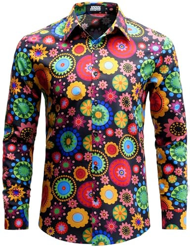 JOGAL Mens Regular fit Floral Dress Shirt Long Sleeve Printed Casual Button Down Shirts Black Multicolor Large