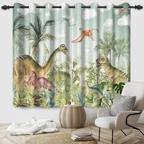 Jurassic Fenstervorhang mit Tiermotiv, 117 x 138 cm, mit Dinosaurier-Druck, für Kinderzimmer, Dekoration, Verdunkelungsvorhänge, Urwald-Design, 2 Paneele