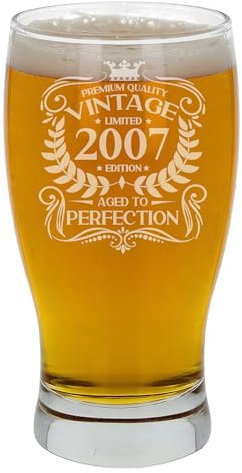 Always Looking Good 18th Birthday Gift for Men Vintage 2007 Aged to Perfection Engraved Pint Beer Glass Present for 18 Year Old Etched Cider Lager Beer Tulip Pint Glasses