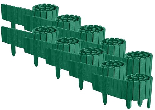 Floranica 20 m Beeteinfassung Flexibler Holzzaun 10 St. 2 m x 10 cm Grün Steckzaun aus Kiefernholz Rasenkante Teichzaun Rollboard 10 tlg Erweiterbares Zaunset für Garten