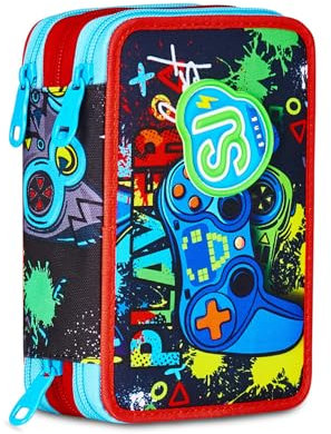 SJ GANG STYLE JAM GANG Astuccio Scuola 3 Zip, Multicolore, Portapenne Triplo Scomparto Completo Di Penne, Matite, Colori, Accessori Zaino, Scuola Elementare, Bambino