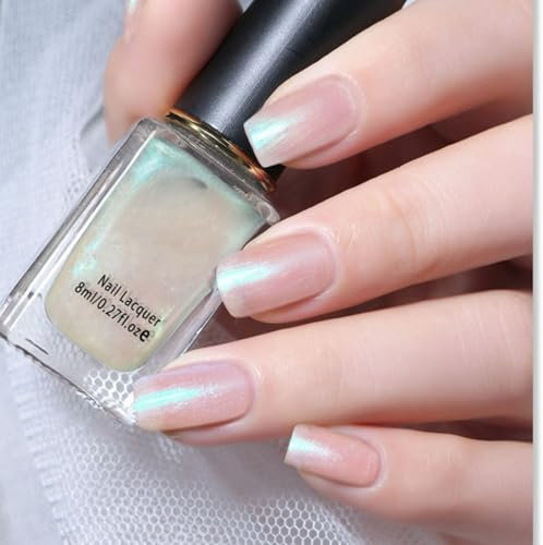 Aurora White Pearl Glitter Chrome Nail Polish - Gel Pearlescent Shell Varnish, Quick Dry, No UV Needed - 8ml