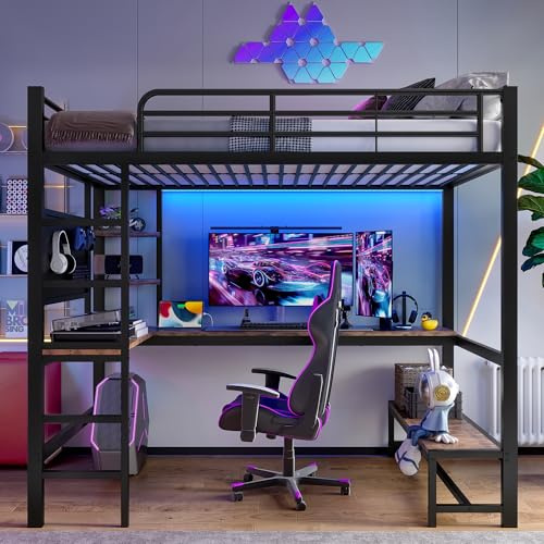 Kebnor Letto alto, telaio in ferro, scrivania, ringhiera, scala a forbice, vari ripiani, con presa USB+Type-C, con barra LED, con pannello perforato, senza materasso (nero, 90 x 200 cm)