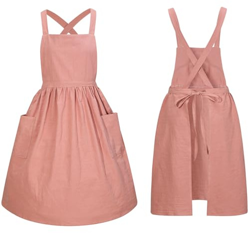 Kittelschürze für Damen & Mädchen, Vintage-Stil mit Rüschen aus Baumwolle | Kreuzträger Niedliche Kochschürze mit 2 Taschen, langen Bindebändern, Blumenmuster für Kochen Garten Malen Backen Servieren