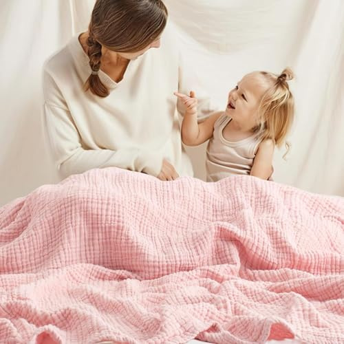 iyoimono Baumwolle Decke für Erwachsene Rosa Musselin Decke 150 x 200 cm | Weiche und Atmungsaktive Tagesdecke Universale Sofadecke Leichte Bequeme Baumwoll Musselin Decke für Ganze Saison