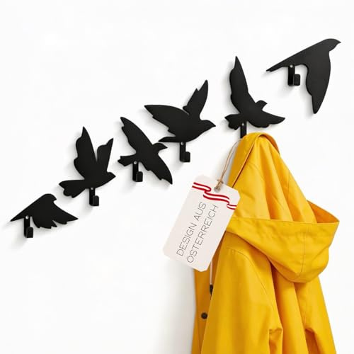 Kara Designs Kleiderhaken Wand I Garderobenhaken schwarz im Vogelmotiv - Design Wandhaken aus Edelstahl für den Flur - stabile Wandgarderobe mit Schraubmontage I tragkraft bis 5 kg I 6er Set