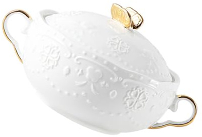 COLLBATH Cuenco de Postre de Color Claro con Doble Asa de Cerámica con Tapa | 1 Juego, Relieve Artístico Avanzado, Apto para Hoteles y Celebraciones, Recipiente para Conservar Alimentos