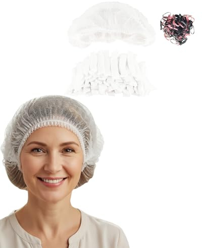 Protector de pelo desechable para ducha de 100 x 48 cm, de grado alimenticio, no tejido, para cocina y laboratorio, con 100 gomas de pelo desechables