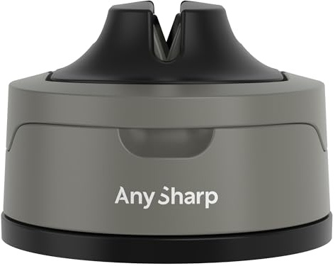 AnySharp Evo Affilacoltelli, Sicurezza Mani Libere, Potente Suzione PowerGrip, Affila Sicuramente Tutti i Coltelli da Cucina, Ideale per Acciaio Temperato e Dentati, Il Migliore del Mondo, Grigio