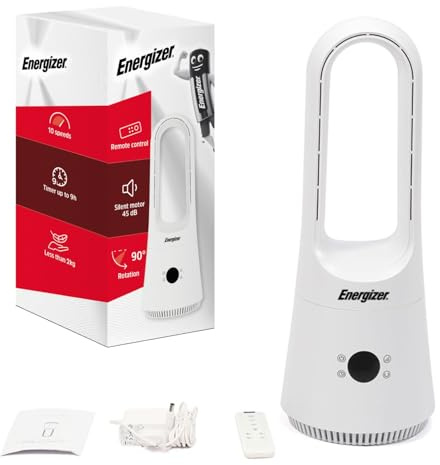 Energizer Säulenventilator, flügellos, leise, 35 dB, 910 m³/h, 10 Geschwindigkeitsstufen, Fernbedienung, 53 cm, für Kinder und Haustiere, einfache Reinigung, für Schlafzimmer und Wohnzimmer, Weiß