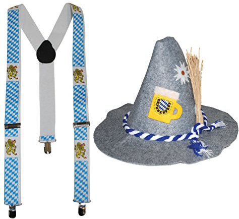 Karneval-Klamotten Oktoberfest Hut Bayern Tirolerhut Seppelhut Herren Bierglas aus Filz INKL Hosenträger Oktoberfest Karneval