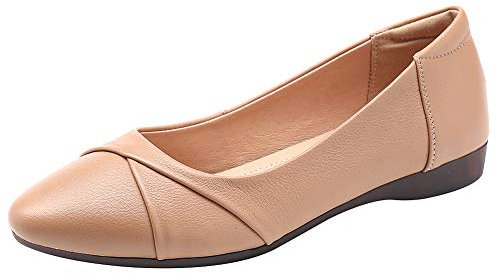 amropi Mujer Punta Plisado Cerradas Zapatos de Vestir Trabajo Bailarinas Planas(Almendra,38 EU)