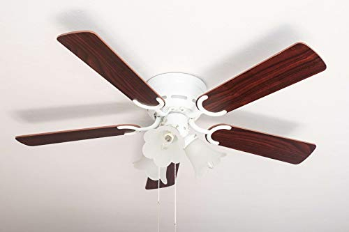 Pepeo - Kisa Deckenventilator mit Beleuchtung | Ventilator mit Zugschalter in Weiß mit Wendeflügeln in Rosen- und Walnuss-Holz, Durchmesser 105 cm. (Farbe: Weiß, Rosenholz/Walnuss)
