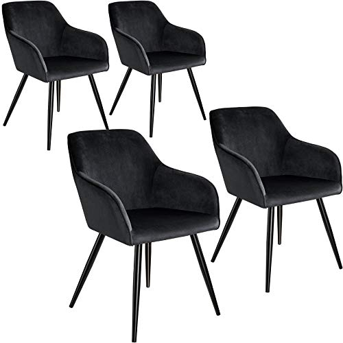 tectake® 4er Set moderner Esszimmer Stuhl, Sitzfläche aus Samt, Armlehnstuhl, Sessel Wohnzimmer, gepolsterter Office Chair mit schwarzen Metallbeinen, Schminktisch Stuhl - schwarz