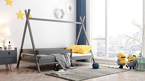 WFL GROUP Tipi Hausbett Kinderbett Massivholz Grau 90x190 cm – Montessori Bett mit Rausfallschutz – Einzelbett für Jungen und Mädchen – Kleinkinder Bett aus Kiefer Natur