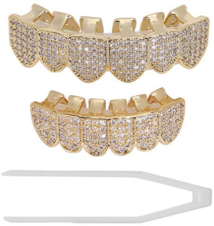 Denti Per Griglia In Rame Rivestiti A Freddo, Set Di Denti Per Griglia Hip Hop Su E Giù, Decorazione Per Denti Per Feste Di Halloween (Oro)