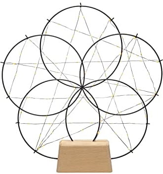 Konstsmide LED Metallsilhouette 5 kleine Ringe, mit Holz-Fuß, schwarz, mit schwarzem Draht umwickelt, mit Dimmer, 100 bernsteinfarbene Dioden, 4, 5V Innentrafo, 2W, schwarzes Kabel - 1784-787