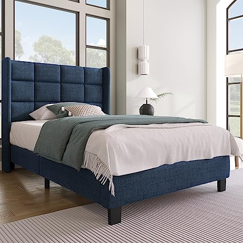 Merax Polsterbett 90x200 mit Lattenrost Rückenlehne,Hautfreundliche Leinenmaterial, Blau, Bett Einzelbett Jugendbett(Ohne Matratze)