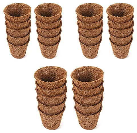 Atroy Lot de 30 pots de semis en fibre de coco biodégradable pour semis et transplantation, 18 étiquettes en plastique inclus