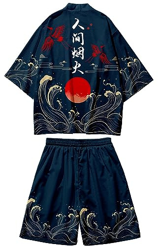 DOSLAVIDA Ensemble kimono de style japonais léger, veste ouverte sur le devant, pour hommes, tenue de plage, d’été, deux pièces, Large