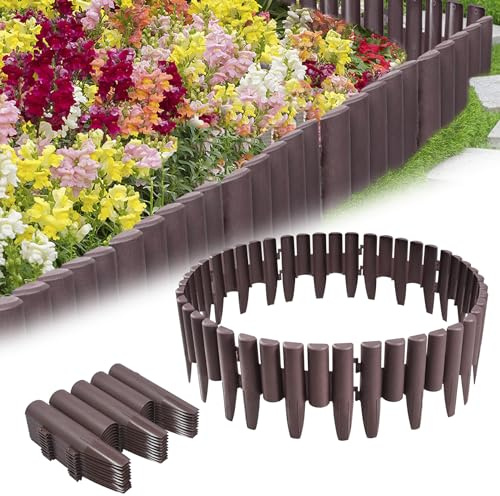 VA-Cerulean 80 Stück Kunststoff Rasenkante,22.4m Holzoptik Beeteinfassung,Beetumrandung Palisade,Gartenpalisade,Beetzaun,Randsteine,Braun,1 Element (L x H): 28 x 24cm