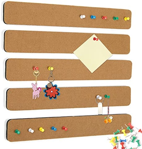 5 Pack Felt Pin Board Bar Strips Bulletin Board for Bedrooms Offices Home Wall Decoration, Notice Board Self Adhesive Cork Board with 35 Push Pins for Paste Notes, Photos, Schedules (Brown)