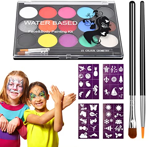 Vesaneae Pintura Corporal y Facial, Pintura Facial Seguridad no tóxica con 15 colores, 40 Plantillas y 2 Pinceles, Pintura de Cara para Niños Halloween Fiestas Cosplay Carnaval Semana Santa